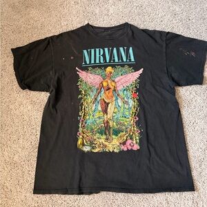 NIRVANA Black Tee with Turquoise Logo and Multicolor Angel Art
